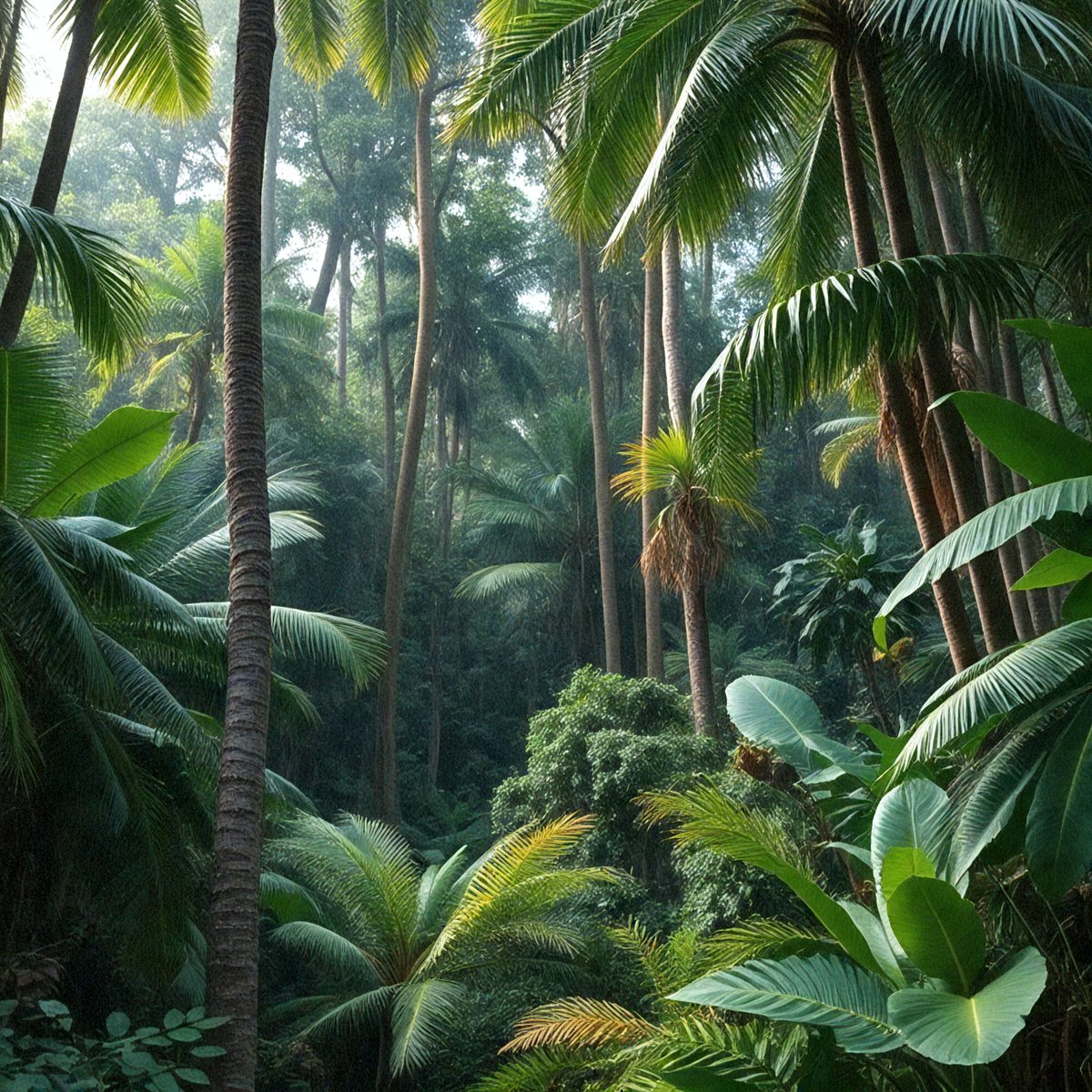 The image features a lush, tropical forest filled with palm trees and greenery. The primary subject is a large, leafy palm tree, which stands out among the other trees. The setting is a dense, green forest with a variety of trees surrounding the palm tree. The visual style is a natural, realistic representation of the forest. The colors and mood of the image are vibrant and serene, with the greenery and palm trees creating a sense of tranquility and natural beauty.